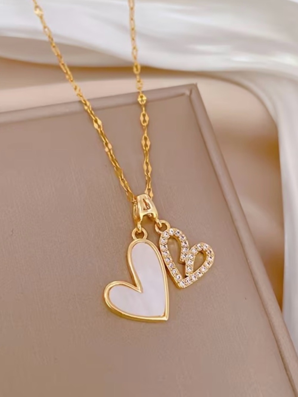 Double Gold Heart Pendant Necklace. - Picture 1 of 7